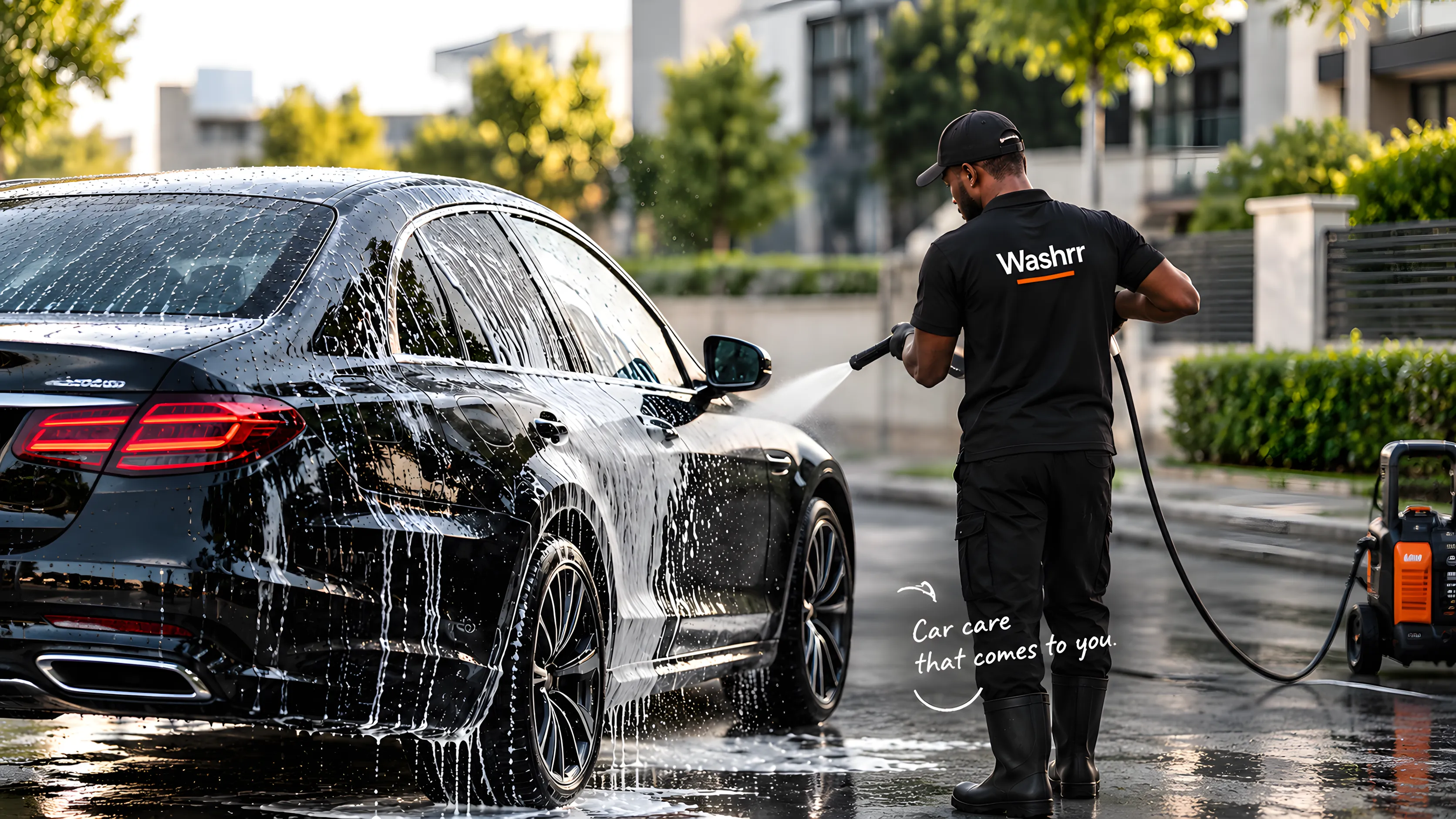 Car care that comes to you. A Washrr washer rinsing a car outdoors.