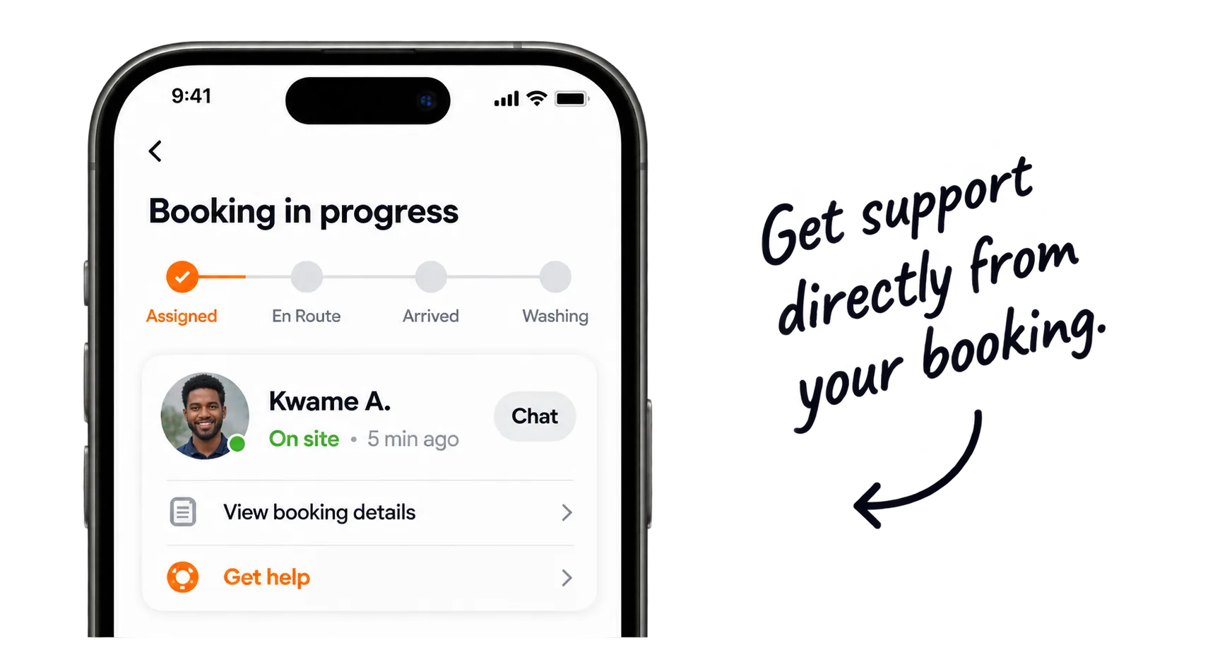 A Washrr app booking-in-progress screen, with a washer's status and a Get help link. Get support directly from your booking.
